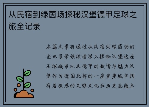 从民宿到绿茵场探秘汉堡德甲足球之旅全记录